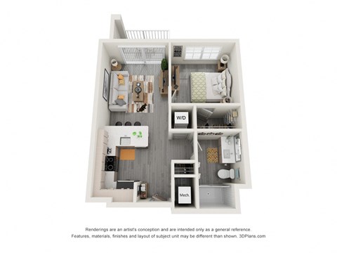 Floor plan for 1 bed, 1 bath, 611 sqft